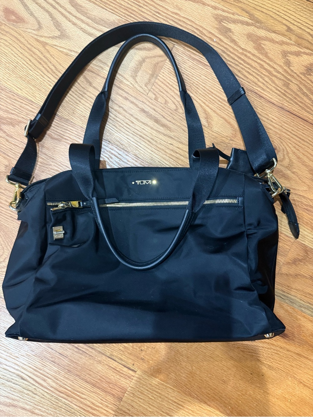Tumi Black Nylon Shoulder Bag with Gold Hardware